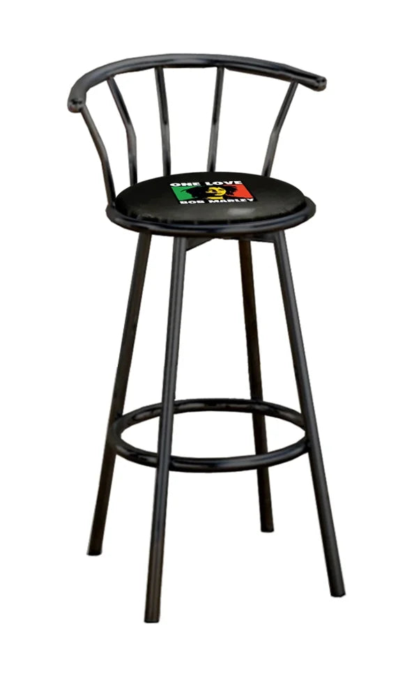 The Furniture King 29-Inch Black Metal Bar Stool with Music-Themed Bob Marley Decal