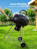 22-Inch Kettle Charcoal BBQ Grill with Lid Thermometer, Plated Steel Grates, Integrated Wheels and Slide-Out Ash Catcher for Patio, Picnic and Backyard Cooking