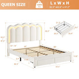 Twin Velvet Platform Bed with Adjustable Wavy Headboard, LED Lighting and Storage Drawer, Beige Upholstered Kids Bed with Solid Wood Slats, No Box Spring Required