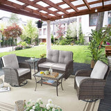 3-Piece Outdoor Patio Furniture Set with Two Swivel Rocker Chairs and Rattan Side Table, Wicker Glider Seating for Deck, Porch or Poolside, Brown and Blue