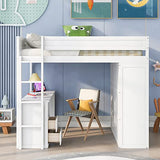 Full-Size Solid Wood Loft Bed with Built-In Ladder, Safety Guardrails, Wardrobes, 2-Drawer Desk and Storage Cabinet, White