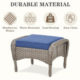 3-Piece Outdoor Patio Furniture Set with Two Swivel Rocker Chairs and Rattan Side Table, Wicker Glider Seating for Deck, Porch or Poolside, Brown and Blue