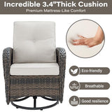3-Piece Outdoor Patio Furniture Set with Two Swivel Rocker Chairs and Rattan Side Table, Wicker Glider Seating for Deck, Porch or Poolside, Brown and Blue