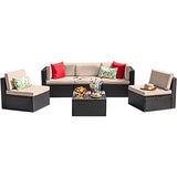 Devoko 6-Piece Beige Patio Conversation Set with Handwoven Rattan Sofa, Sectional Seating, Cushions and Glass Table