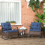 Outsunny 3-Piece Wicker Bistro Set with Rocking Chairs and Cushions, Dark Blue