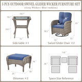 3-Piece Outdoor Patio Furniture Set with Two Swivel Rocker Chairs and Rattan Side Table, Wicker Glider Seating for Deck, Porch or Poolside, Brown and Blue