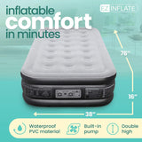 EZ Inflate Twin Air Mattress with Built-In Pump, Double-High Waterproof Design and Flocked Top for Camping or Travel