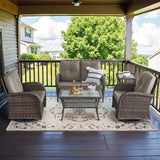 3-Piece Outdoor Patio Furniture Set with Two Swivel Rocker Chairs and Rattan Side Table, Wicker Glider Seating for Deck, Porch or Poolside, Brown and Blue