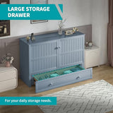 BALUS Queen Murphy Bed Cabinet in Grey-Blue with Tri-Fold Mattress, USB Charging Station, Folding Nightstand Trays, and Storage Drawers
