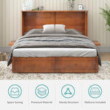 BALUS Queen Murphy Bed Cabinet in Grey-Blue with Tri-Fold Mattress, USB Charging Station, Folding Nightstand Trays, and Storage Drawers