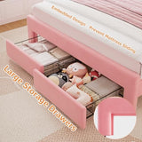 Twin Velvet Platform Bed with Adjustable Wavy Headboard, LED Lighting and Storage Drawer, Beige Upholstered Kids Bed with Solid Wood Slats, No Box Spring Required