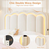 Twin Velvet Platform Bed with Adjustable Wavy Headboard, LED Lighting and Storage Drawer, Beige Upholstered Kids Bed with Solid Wood Slats, No Box Spring Required