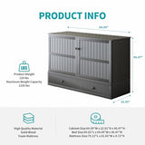 BALUS Queen Murphy Bed Cabinet in Grey-Blue with Tri-Fold Mattress, USB Charging Station, Folding Nightstand Trays, and Storage Drawers