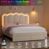 Twin Velvet Platform Bed with Adjustable Wavy Headboard, LED Lighting and Storage Drawer, Beige Upholstered Kids Bed with Solid Wood Slats, No Box Spring Required