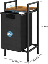 Black Laundry Hamper Basket with Removable Bag and Built-In Brown Wood Shelf