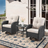 3-Piece Outdoor Patio Furniture Set with Two Swivel Rocker Chairs and Rattan Side Table, Wicker Glider Seating for Deck, Porch or Poolside, Brown and Blue