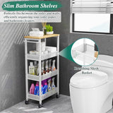 4-Tier Slim Rolling Storage Cart with Wood Top and Metal Frame, Narrow Mobile Organizer with Handle for Kitchen, Laundry Room, Bathroom or Other Tight Spaces