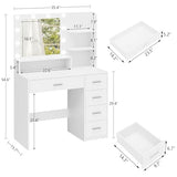 Makeup Vanity Desk with Mirror, 10 Lights, 5 Drawers and 3 Storage Shelves, Dressing Table with 3 Color Modes and Adjustable Brightness, 35.4-Inch, Black