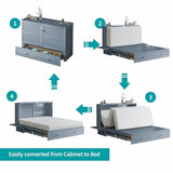BALUS Queen Murphy Bed Cabinet in Grey-Blue with Tri-Fold Mattress, USB Charging Station, Folding Nightstand Trays, and Storage Drawers