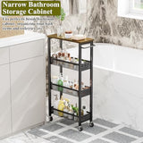 4-Tier Slim Rolling Storage Cart with Wood Top and Metal Frame, Narrow Mobile Organizer with Handle for Kitchen, Laundry Room, Bathroom or Other Tight Spaces