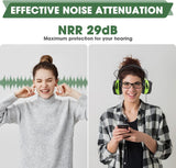 Bluetooth Safety Ear Muffs with 29dB NRR Noise Reduction, FM Radio and MP3 Audio, Rechargeable Wireless Headphones, Green