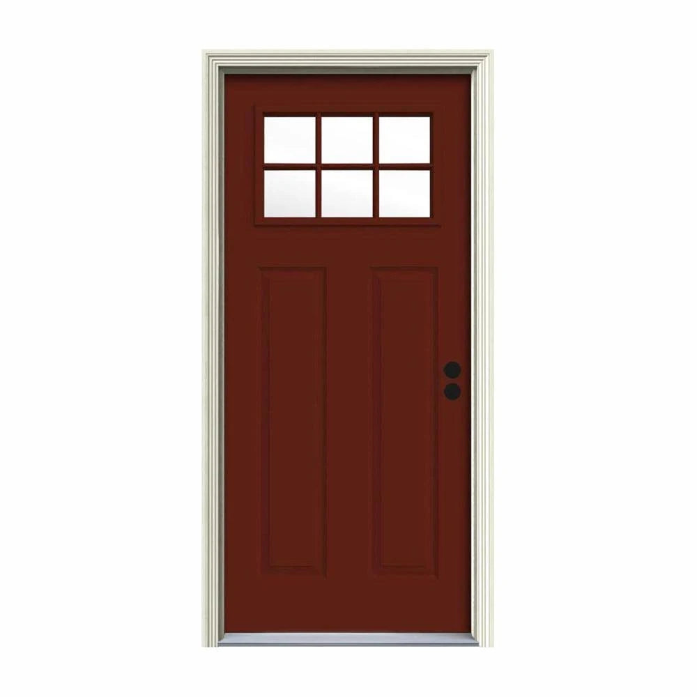 JELD-WEN Craftsman Mesa Front Door, 32 in. x 80 in. 6-Lite Steel Prehung Design with Brickmould, Left-Hand Inswing, Red Exterior and White Interior