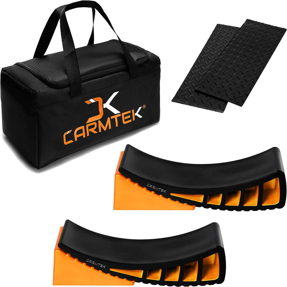 CARMTEK Premium Camper Leveler Kit with Curved RV Levelers, Wheel Chocks, Rubber Mats and Carry Bag