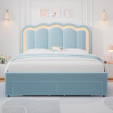 Twin Velvet Platform Bed with Adjustable Wavy Headboard, LED Lighting and Storage Drawer, Beige Upholstered Kids Bed with Solid Wood Slats, No Box Spring Required