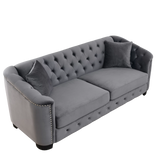77-Inch Velvet Chesterfield Sofa with Tufted Backrests, Nailhead Arms and 2 Cushions, 3-Seater Living Room Furniture in Grey