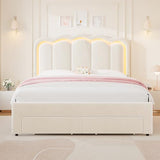 Twin Velvet Platform Bed with Adjustable Wavy Headboard, LED Lighting and Storage Drawer, Beige Upholstered Kids Bed with Solid Wood Slats, No Box Spring Required