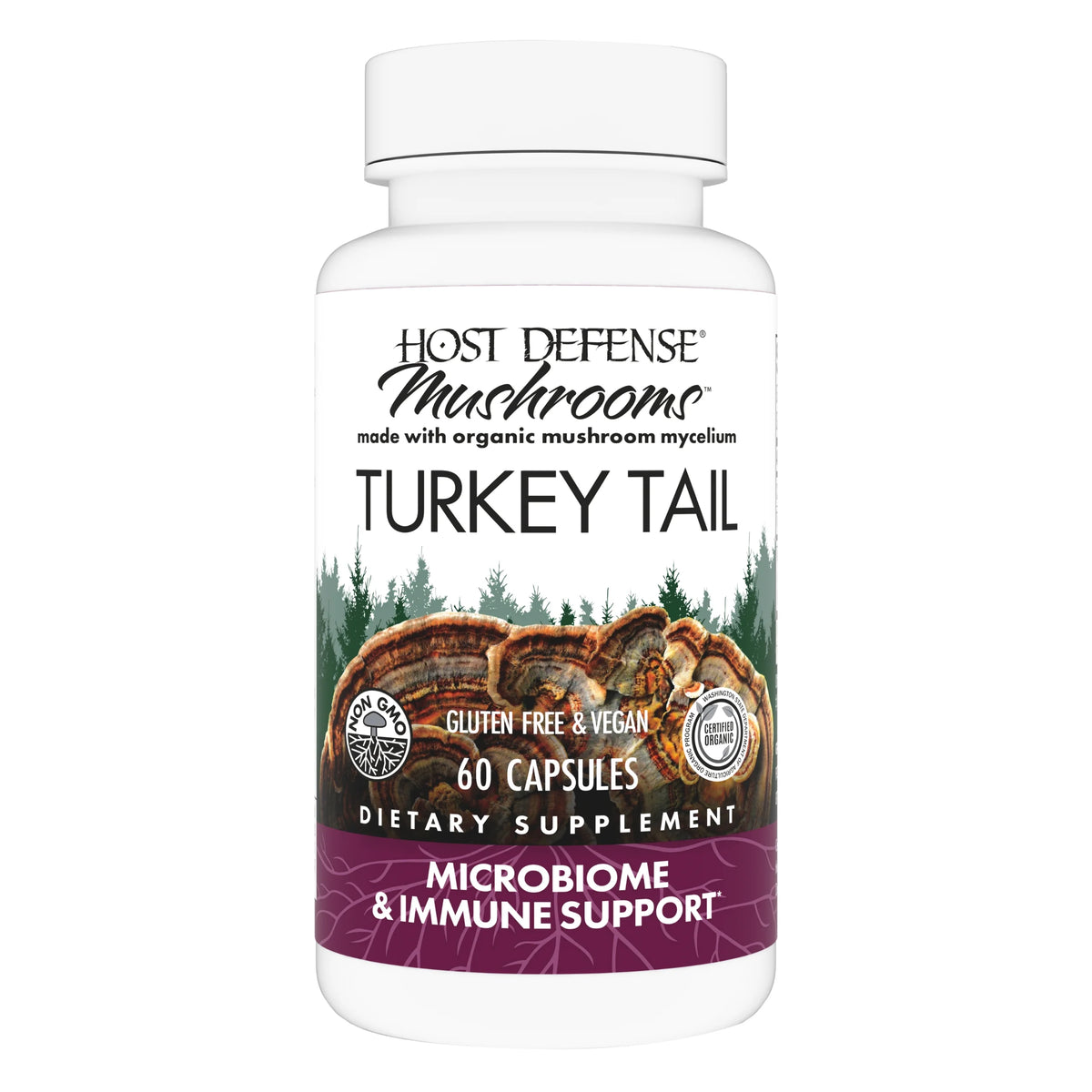 Host Defense Turkey Tail Mushroom Capsules, Unflavored Supplement for Natural Immune System and Digestive Support, 60 Count