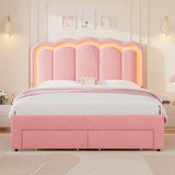Twin Velvet Platform Bed with Adjustable Wavy Headboard, LED Lighting and Storage Drawer, Beige Upholstered Kids Bed with Solid Wood Slats, No Box Spring Required