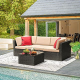 Devoko 6-Piece Beige Patio Conversation Set with Handwoven Rattan Sofa, Sectional Seating, Cushions and Glass Table