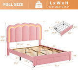 Twin Velvet Platform Bed with Adjustable Wavy Headboard, LED Lighting and Storage Drawer, Beige Upholstered Kids Bed with Solid Wood Slats, No Box Spring Required
