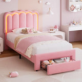 Twin Velvet Platform Bed with Adjustable Wavy Headboard, LED Lighting and Storage Drawer, Beige Upholstered Kids Bed with Solid Wood Slats, No Box Spring Required