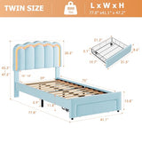 Twin Velvet Platform Bed with Adjustable Wavy Headboard, LED Lighting and Storage Drawer, Beige Upholstered Kids Bed with Solid Wood Slats, No Box Spring Required