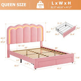 Twin Velvet Platform Bed with Adjustable Wavy Headboard, LED Lighting and Storage Drawer, Beige Upholstered Kids Bed with Solid Wood Slats, No Box Spring Required