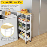 4-Tier Slim Rolling Storage Cart with Wood Top and Metal Frame, Narrow Mobile Organizer with Handle for Kitchen, Laundry Room, Bathroom or Other Tight Spaces