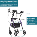 ELENKER Purple Upright Rollator Walker with Stand-Up Design, Padded Seat, Backrest and Compact Folding Adjustable Frame