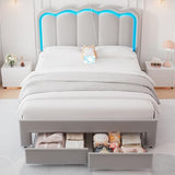 Twin Velvet Platform Bed with Adjustable Wavy Headboard, LED Lighting and Storage Drawer, Beige Upholstered Kids Bed with Solid Wood Slats, No Box Spring Required