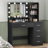 Makeup Vanity Desk with Mirror, 10 Lights, 5 Drawers and 3 Storage Shelves, Dressing Table with 3 Color Modes and Adjustable Brightness, 35.4-Inch, Black