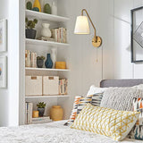 PASSICA DECOR Set of 2 Hardwired Wall Sconces with Pull Chains, Matte Black Swing-Arm Fixtures and White Fabric Shades for Bedroom, Farmhouse or Living Room