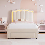 Twin Velvet Platform Bed with Adjustable Wavy Headboard, LED Lighting and Storage Drawer, Beige Upholstered Kids Bed with Solid Wood Slats, No Box Spring Required