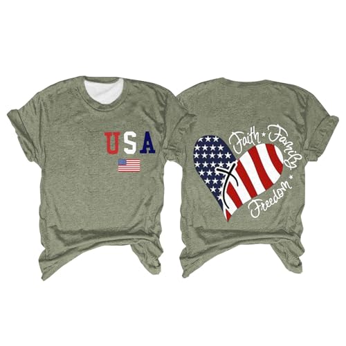 Womens USA Faith Family Freedom T-Shirt with Crew Neck, Heart Flag Graphic and Short Sleeves for 4th of July Festivals or Gifting