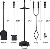 32-Inch Wrought Iron Fireplace Tool Set with Stand, Fire Poker, Shovel, Brush, and Tongs, 5-Piece Collection