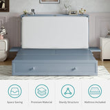 BALUS Queen Murphy Bed Cabinet in Grey-Blue with Tri-Fold Mattress, USB Charging Station, Folding Nightstand Trays, and Storage Drawers