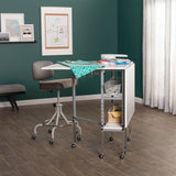 Sew Ready Mobile Folding Cutting Table with Adjustable Height, Quilting Grid, Sewing Board, and Storage, Silver/White