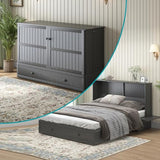 BALUS Queen Murphy Bed Cabinet in Grey-Blue with Tri-Fold Mattress, USB Charging Station, Folding Nightstand Trays, and Storage Drawers