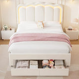 Twin Velvet Platform Bed with Adjustable Wavy Headboard, LED Lighting and Storage Drawer, Beige Upholstered Kids Bed with Solid Wood Slats, No Box Spring Required
