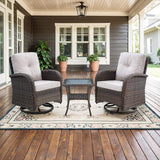 3-Piece Outdoor Patio Furniture Set with Two Swivel Rocker Chairs and Rattan Side Table, Wicker Glider Seating for Deck, Porch or Poolside, Brown and Blue